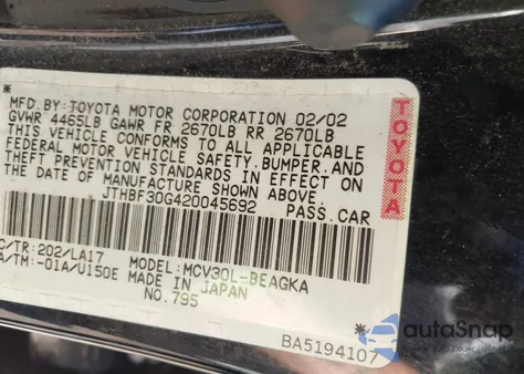 2002 Lexus Es 300 z USA, uszkodzony, nr VIN JTHBF30G420045692